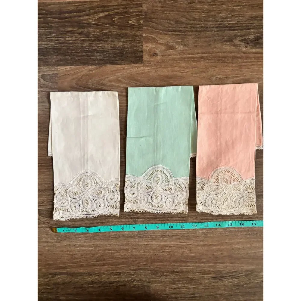 Antique Set of 3 Tape Lace Dinner Napkins Cotton Pastel Green Pink White 17